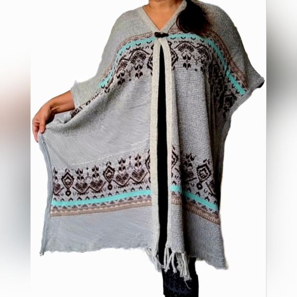 Kontrol Women's Oversized Poncho, Cover Up, Shrug, Tribal Print, Fringe, XL - Picture 16 of 16